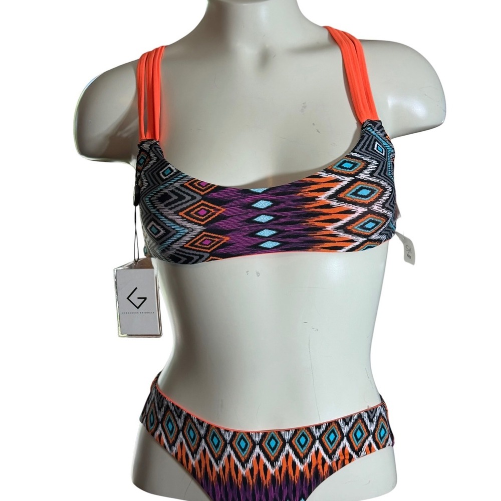 Khongboon Swimwear XS Bikini Set Orange Purple Geometric Ikat Strappy Back New